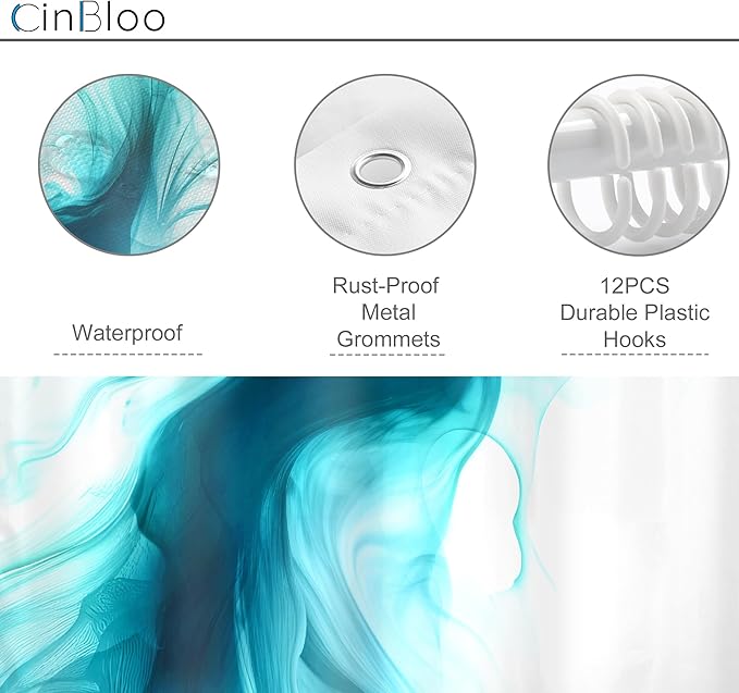 Cinbloo Teal Turquoise Aqua 60Wx72H Shower Curtain Abstract Modern Ombre Marble Ink Art White Texture Minimalist Bathroom Curtain Set Aesthetic Simple Cool Neutral Bath Bathroom Accessories Decor