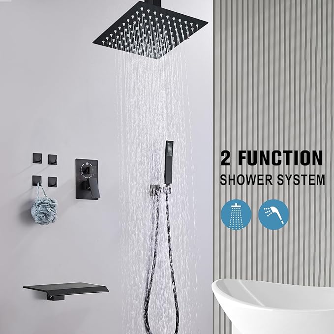 12 Inch Ceiling Mount Shower System Matte Black Rain Mixer Shower Combo Set High Pressure Rainfall Shower Head System Bathroom Luxury Shower Faucet Set Rough-in Valve and Shower Trim Included