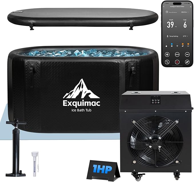 Ice Bath Tub with 1HP Water Chiller, 216 Gallon Inflatable Cold Plunge Tub with Thermometer and Water-Absorbent Mat, Portable Bath Tub for Outdoor & Indoor Recovery, 59"x32"x29"