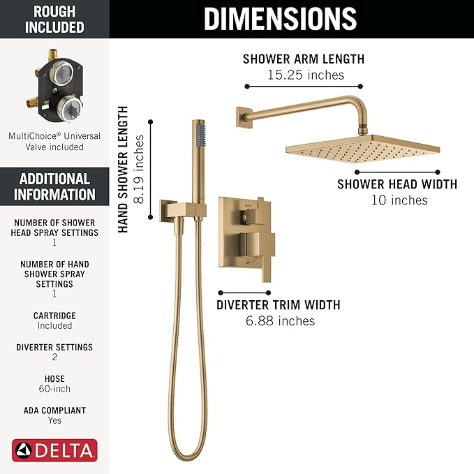 Delta Modern 14 Series Square Rain Shower System Faucet Set, Rainfall Brushed Gold Shower Head and Handle Set, Valve Trim Kit, 10 Inch, Champagne Bronze 342701-CZ