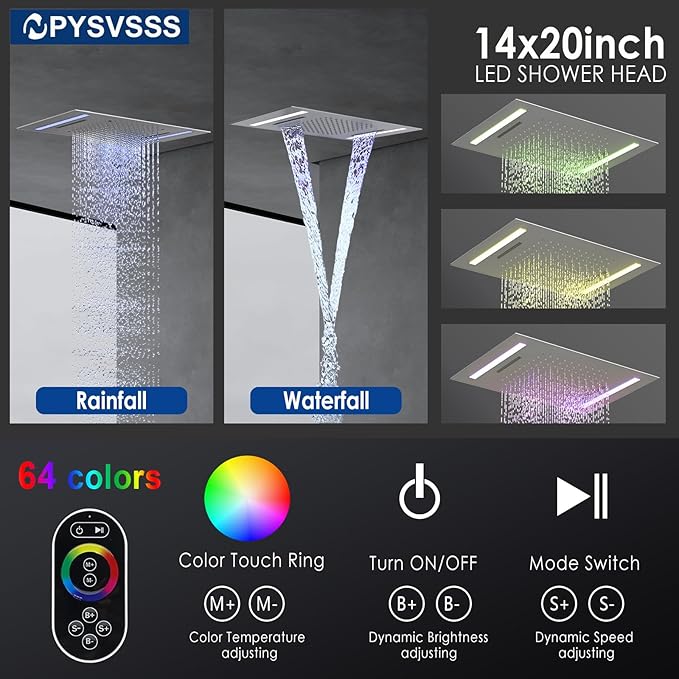 Multi Full Body Thermostatic Luxury Spa Shower System And 14x20 Inch LED 4 Functions Faucet Set, Rainfall Spray Waterfall Can Be Turned On Simultaneously,Brushed Nickel