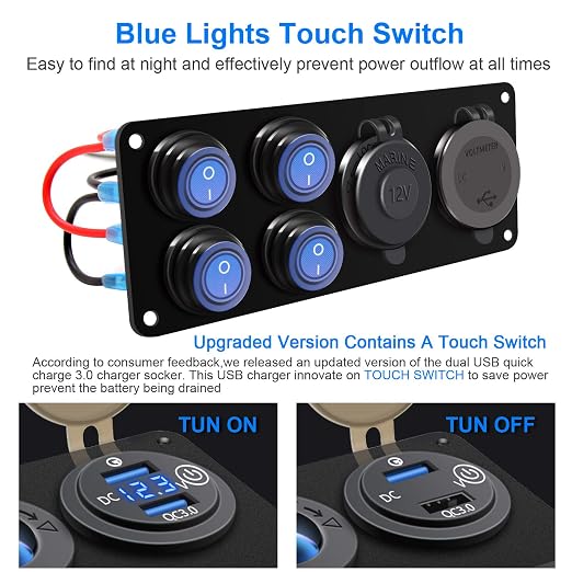 FXC 4 Gang Switch Panel Aluminum + QC 3.0 Dual USB Ports - Image 4