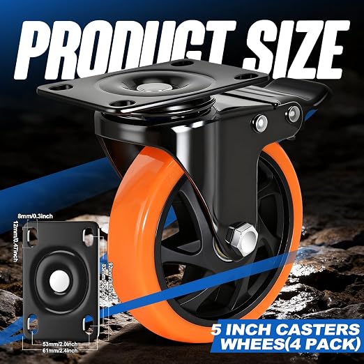 Caster Wheels 5"，Heavy Duty Caster Wheels Set of 4, Dual Lock PU Casters - Image 2