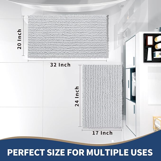 Yimobra Bathroom Rugs Sets 2 Piece - Quick Dry Extra Thick Luxury Chenille Bath Mat, Non Slip Super Absorbent for Tub Shower Sink, Machine Washable Shaggy Floor Mat, 32"x20"+24"x17" Inch, Silver