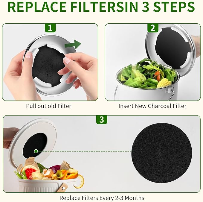 6.7 inch Kitchen Compost Bin Charcoal Filter Replacements, 12 Pack Compost Pail - Image 6