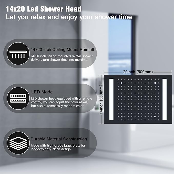 Rain Shower Head System with 14x20 Inch Ceiling Mount LED Head & 6 Inch Wall Head and Handheld Shower 3 Way Pressure Balance Valve Kit, Matte Black