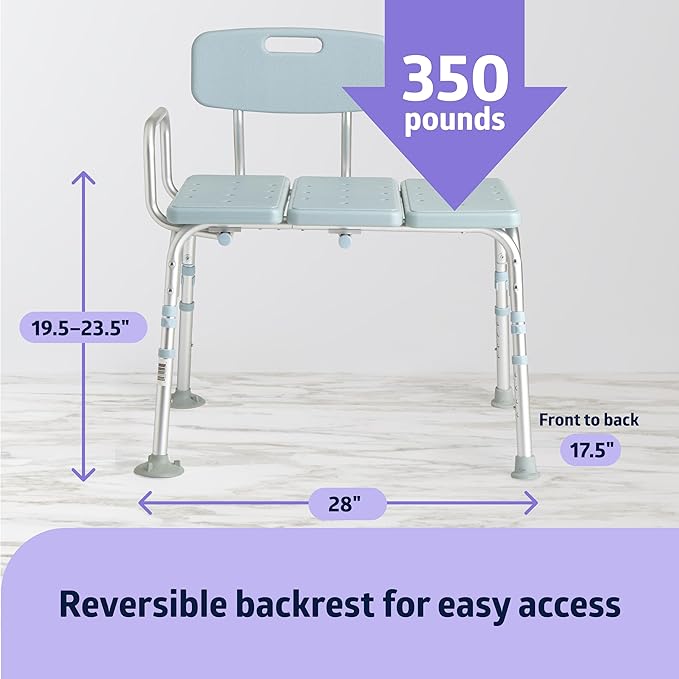 Medline Tub Transfer Bench and Shower Chair with Microban Antimicrobial Protection, Adjustable Shower Bench and Bath Seat For Seniors And Elderly, 350 lb. Weight Capacity, Light Blue