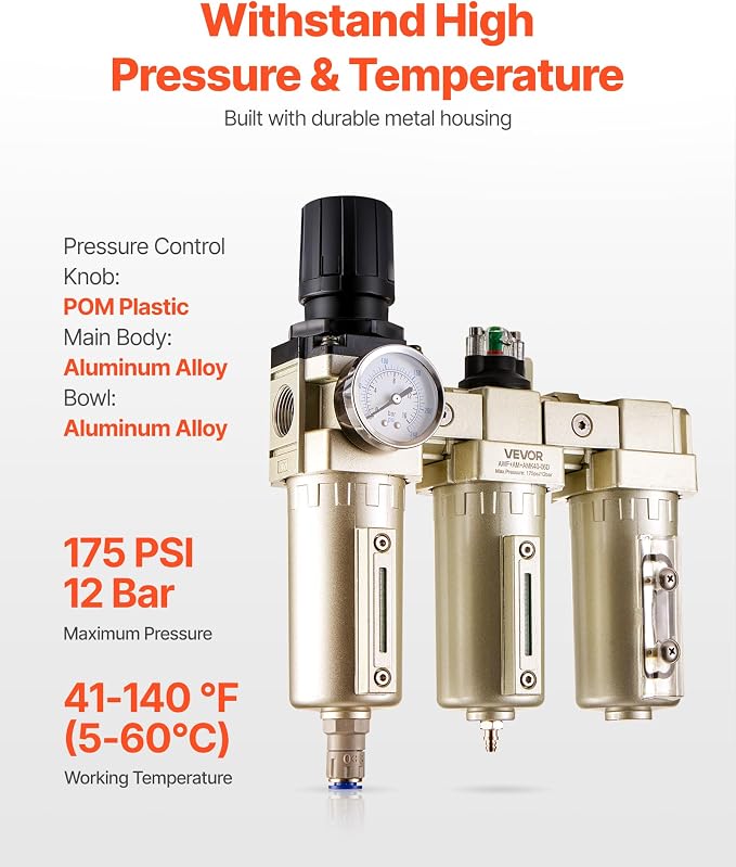 VEVOR Air Compressor Filter Regulator, 3/4" NPT 3-Stage 5μm & 0.3μm & 0.1μm Air - Image 3