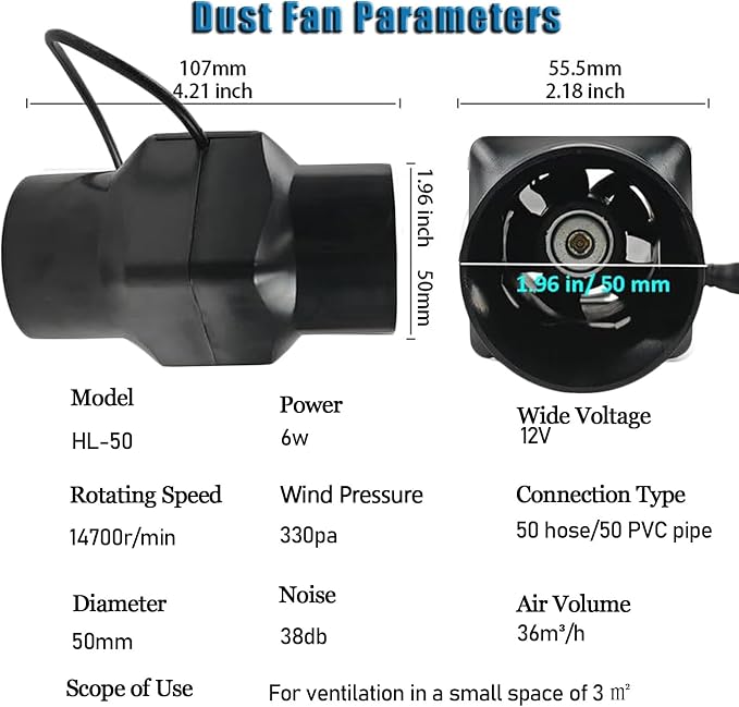 2 Inch Inline Duct Fan 12V 6W Extractor Fans Variable Speed Ventilation - Image 2