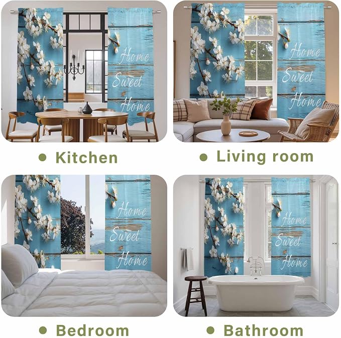 Farmhouse Wooden Grain Kitchen Curtains, Vintage Shabby Chic Flower Blue Light - Image 8