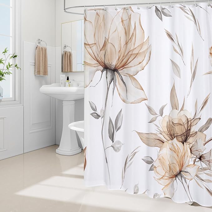 Extra Long Boho Watercolor Floral Shower Curtain 72 x 84, Light Brown and Grey Ink Painting Style Flower Shower Curtains for Chic Elegant Bathroom, Artistic XL Fabric Cloth Shower Curtain