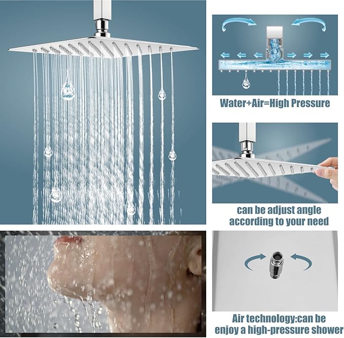 Aolemi Ceiling Mount Shower System Rain Shower Head with Handheld Spray High Pressure Shower Faucet Set Rough-in Valve Shower Trim Kit Included Bathroom Polish Chrome 12 Inch Ceiling Shower Head