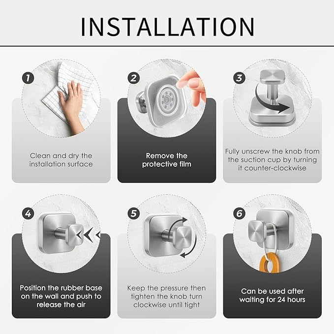 2Pcs Square Suction Cup Hook, 304 Stainless Steel Shower Hook, Removable Suction Cup Knob for Shower, Bathroom, Kitchen, Glass Door, Mirror (Black)