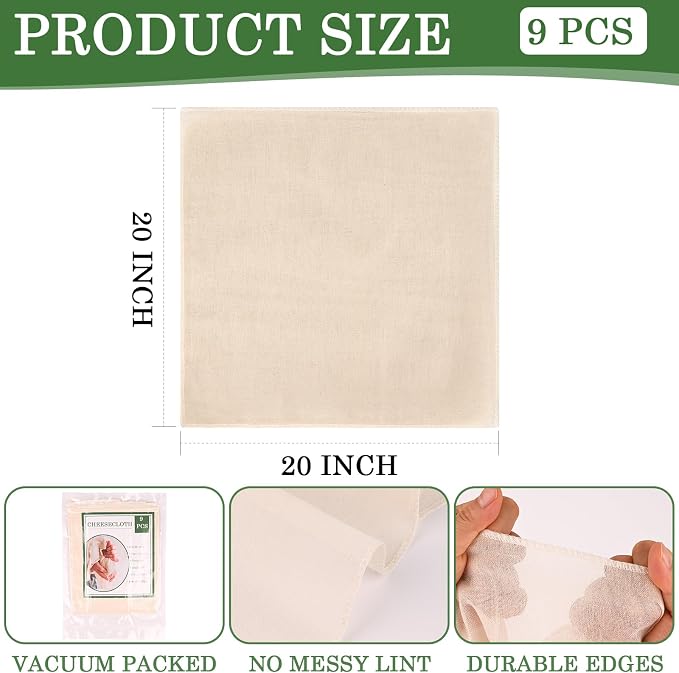 WMKGG 9 PCS Reusable Unbleached Cotton Cheese Cloth 20x20 Inch, Grade 100 - Image 4