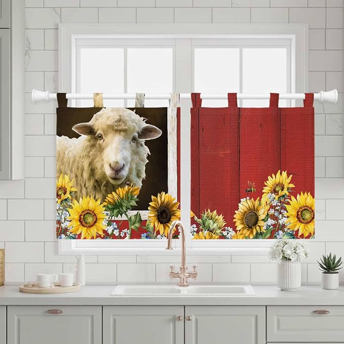 Sheep Flowers Kitchen Curtains 24 Inch Length, Small Window Curtains Tab Top - Image 3