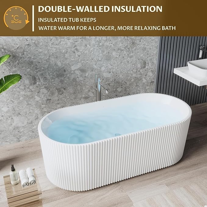 67" Deep Soaking Bathtub, Non-Slip Acrylic Tub with Chrome Drain, CUPC Certified, Ergonomic Modern Bath for Bathrooms, Easy-Install, White Striped