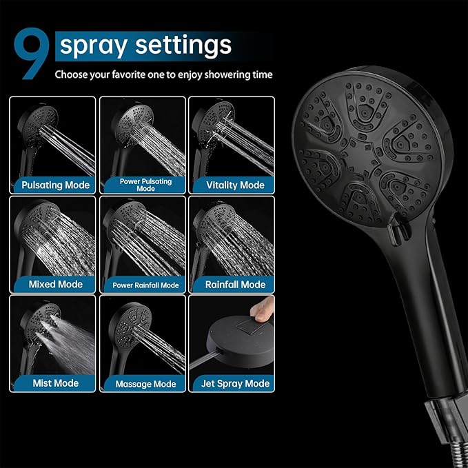 Black Shower Head with Handheld Spray Combo 2 in 1 Rainfall High Pressure with 59" Rotatable Stainless Steel Hose 9 Spray Modes Detachable