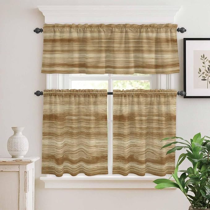 Kitchen Curtains Tiers and Valance Set of 3, Light Brown Wood Grain Light - Image 2