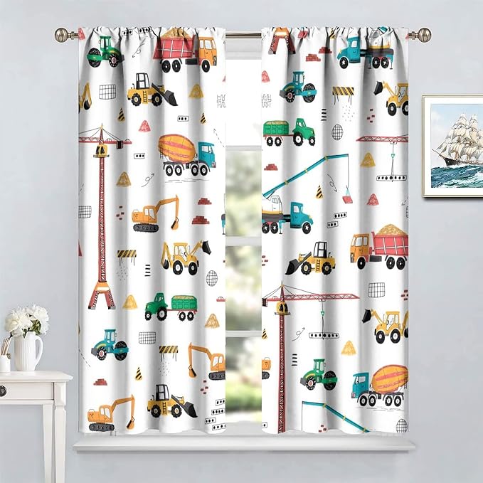 Construction Window Curtains, Kids Cartoon Construction Machines Building Hand - Image 2