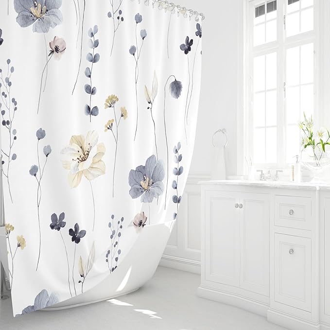 Gibelle Watercolor Floral Shower Curtain, Grey Beige Flower Shower Curtain for Bathroom, Modern Minimalist White Waterproof Fabric 72x72 Inch