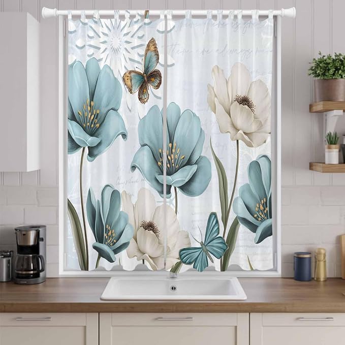 Blue Tulips Living Room Curtains 84 Inch Length, Window Curtains Tab Top - Image 9