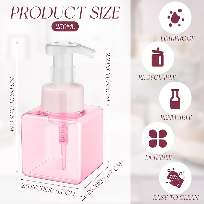 Domensi 12 Pcs Foam Pump Bottle Foaming Soap Dispenser Empty Travel Foaming Dispenser 8.5 oz Refillable Hand Soap Plastic Pump Bottle Travel Clear Container for Bathroom Vanities (Pink)