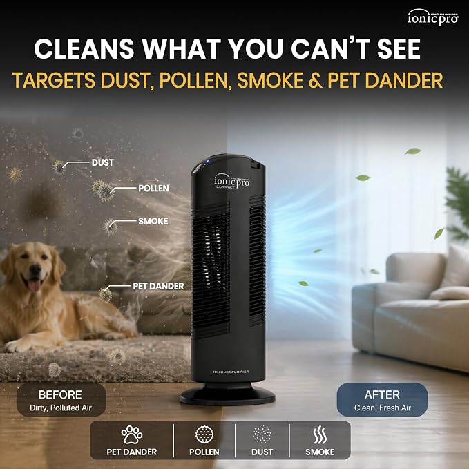 Ionic Pro Compact Air Purifier Tower, Never Replace Filters, Quiet Negative Ion - Image 7