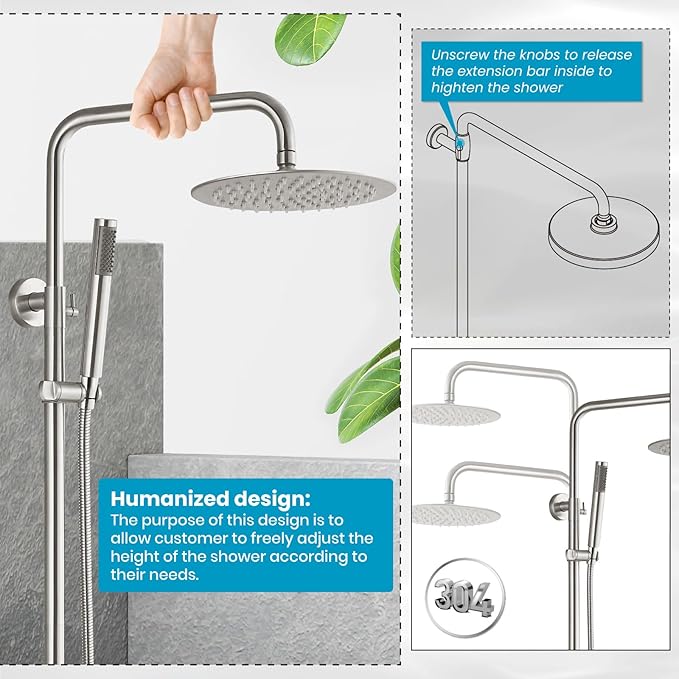 gotonovo Outdoor Shower Fixtures SUS304 Stainless Steel Rain Shower Kit Faucet High Pressure Wall Mount 2 Dual Function 8 Inch Showerhead and Handheld Spray Combo, Double Lever Handle, Brushed Nickel