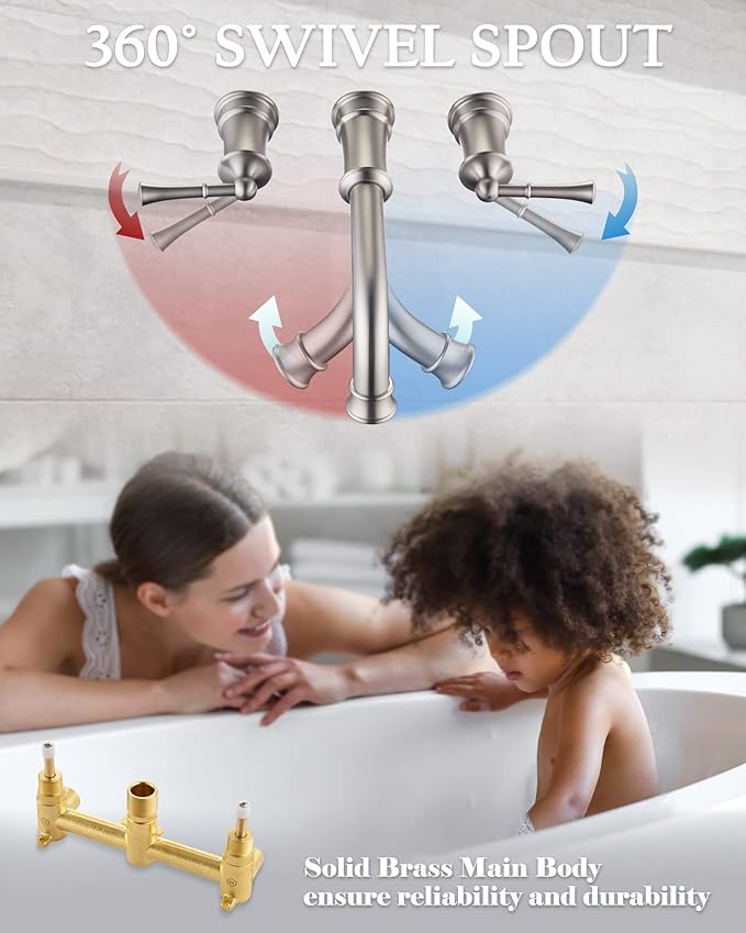 Wall Mount Tub Filler with Rough-in Valve, High Flow Brass Roman Tub Faucet 2 Handle Wall Mounted Bathtub Faucet 360° Swivel Spout, Brushed Nickel(B2306-BN)