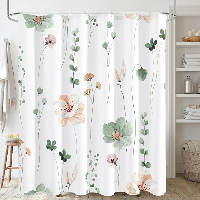 Gibelle Long Shower Curtain 72 x 78, Watercolor Floral Fabric Shower Curtain, Sage Green Beige Flower Decorative Bathroom Shower Curtain Set