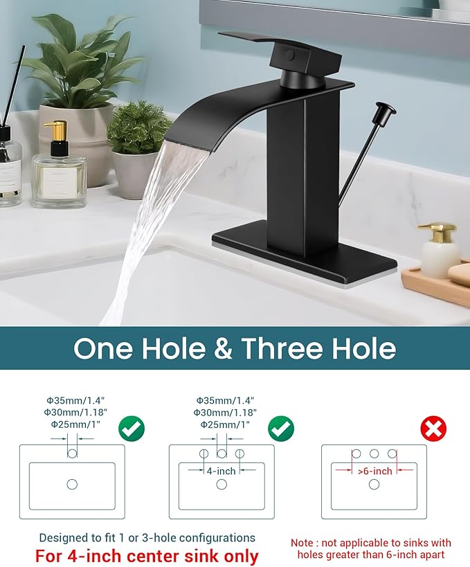 Bathroom Faucets with Lift Rod Drain Mater Black Waterfall Bathroom Sink Faucet Modern Single Handle Bathroom Faucet for 1 or 3 Hole Mxier Tap Washbasin Faucet with Deck