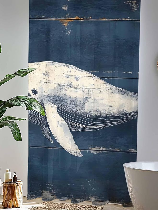 Sheer Curtains 96 Inches Long, Ocean Vintage Whale Semi Sheer Curtains Light - Image 4
