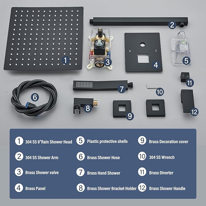 Shower Faucet Matte Black Shower System with 12 Inches Rain Shower Head and Handheld Spray Bathroom Luxury Rain Shower Faucet Set Complete Wall Mounted