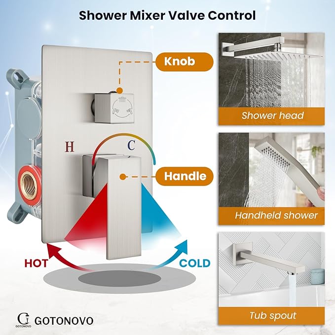 gotonovo Shower System with Tub Spout Wall Mounted Rain Shower Head and Handle Combo Shower Faucet Set with Valve, 10 Inch, Brushed Nickel