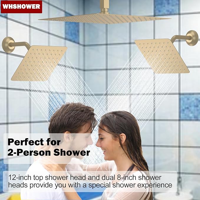 Brushed Gold Triple Shower Heads Shower System with 12"+8"+8" Top Shower Heads, Digital Display Shower Valve, Body Jets and Handheld Shower,Full Body Shower System