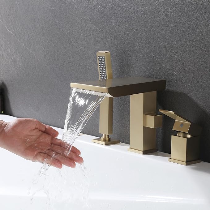 Waterfall Roman Tub Faucet with Hand Shower, Deck Mount Tub Filler Bathtub Faucet with Sprayer, Brass Widespread 3 Hole Bathtub Shower Faucet Set, Brushed Gold