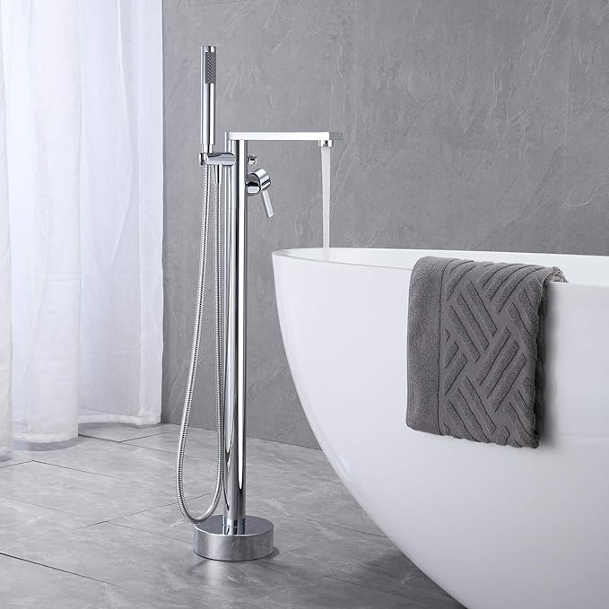 Freestanding Bathtub Faucet Tub Filler Chrome Floor Mount Brass Single Handle Bathroom Faucets with Hand Shower