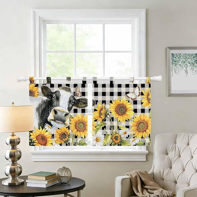 Retro Sunflowers Kitchen Curtains 36 Inch Length, Small Window Curtains Tab Top - Image 2