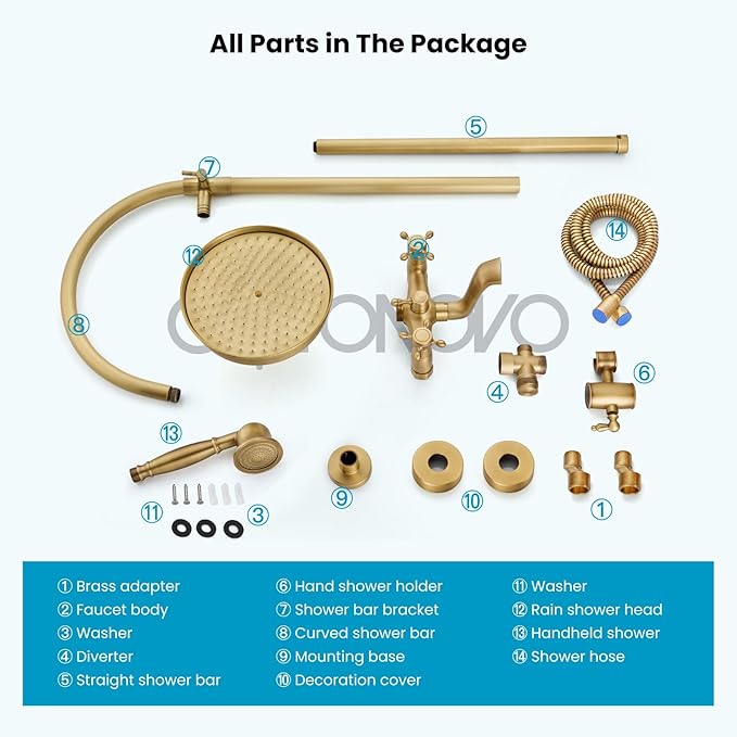 gotonovo Exposed Bathroom Shower System Classic Shower Kit 8 Inch Luxurious Rainfall Shower Head Handheld Spray Tub Filler Brass Pipe 3-Function Wall Mount Double Cross Knobs Antique Brass