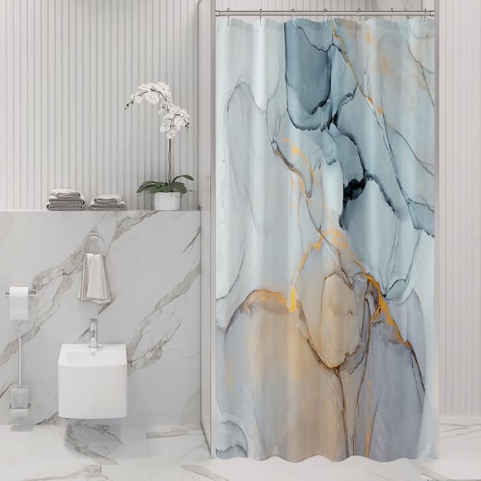 Gibelle Small Stall Shower Curtain 36 x 72, Narrow Half Abstract Grey Blue Marble Shower Curtain, Modern Ink Art Waterproof Fabric Shower Curtain Set with Hooks