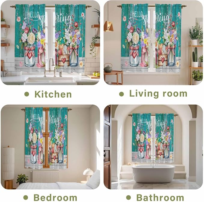 Spring Flowers Kitchen Curtains, Farmhouse Watercolor Teal Wood Grain Light - Image 8