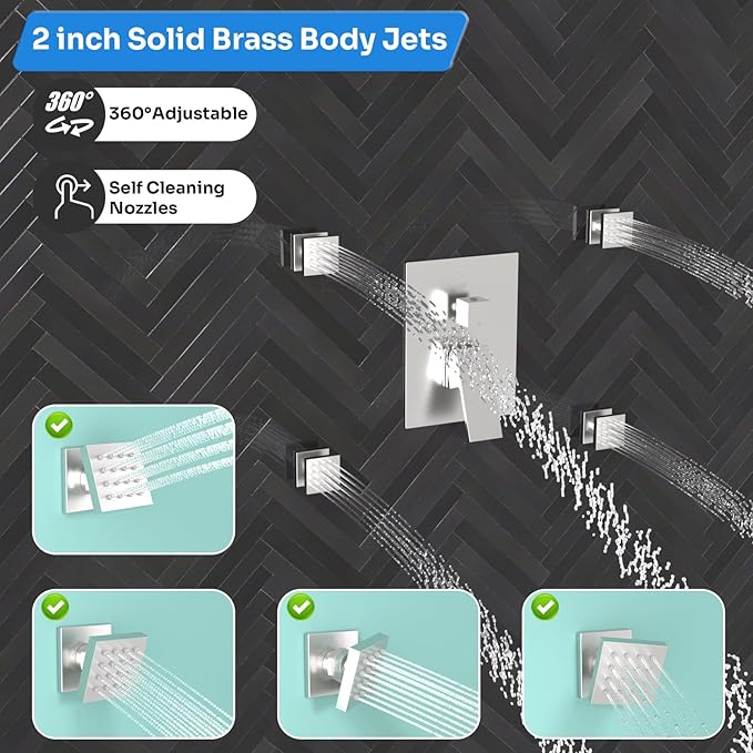 Enga Shower Systems with 4 Body Spray Jets, 4 Way 12+6" Rainfall Shower Head with Handheld Combo, Ceiling Mounted Shower Jets System in Wall Shower Faucet Sets Complete, Brushed Nickel