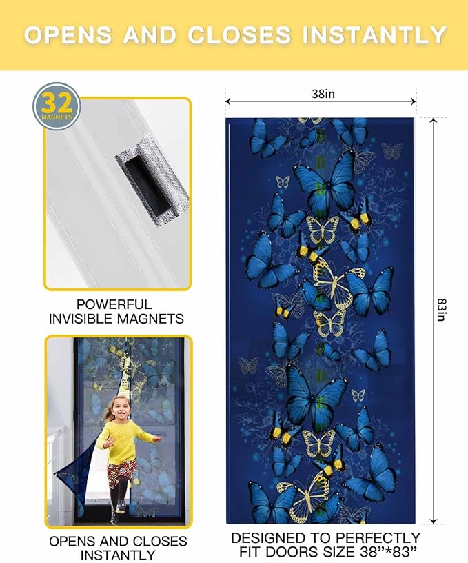 Screen Door 38"x83" Blue Butterfly Door Screen Magnetic Closure - Image 2