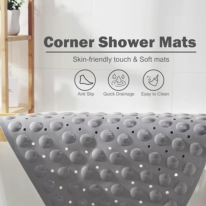 Mrcrypos Corner Shower Mats 25.5 x 25.5 Inches Bath Mat with Suction Cups and Drain Holes, Quick Dry Anti Slip Bathmat Machine Washable Shower Stall Mats for Bathroom, Gray