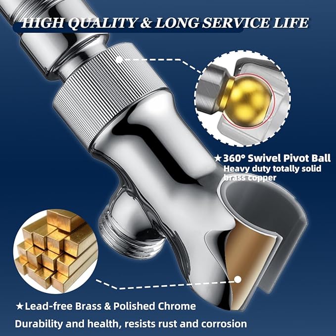 Shower Head Holder All Metal Adjustable Handheld Shower Arm Mount, 1/2" Shower Hose Holder Fits Most Hand Showerheads, Brass Hand Held Shower Head Holder, Easy to Install(Chrome)