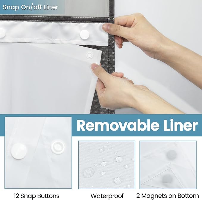 Charcoal Grey Long No Hook Shower Curtain with Snap in Liner,230GSM Waffle Weave Shower Curtains for Bathroom,71W x 86H