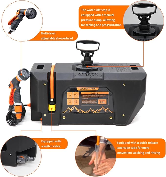 6.34Gallon/ 24L Self-Pressurized Water Tank with Hose and Sprayer, Water Storage Container Camping Shower for Overland Off-Road Vehicles, Pick-up Trucks,Outdoor Activities Water Supply