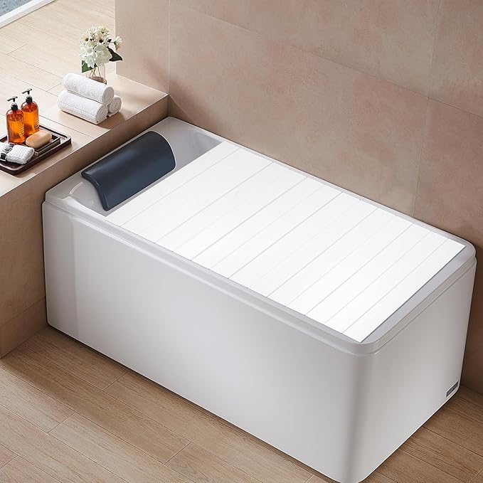 Bathtub Tray 59" x 27.5" Foldable Bathtub Cover Adjustable PVC Shutter Bath Lid Anti-dust Bathtubs Cover for Tub Can Store Wine Glass, Books, Tablets, Cellphones, White