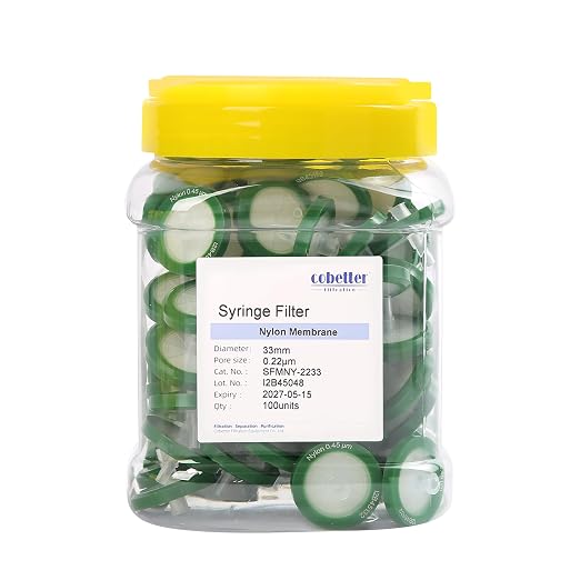 100 Pack Syringe Filter Nylon Lab Filters 0.22μm Pore Size 33mm Diameter by COBETTER