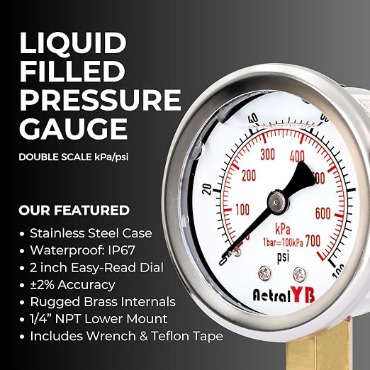 Glycerin-Filled Pressure Gauge, Brass Internal 2-Inch Gauge, Stainless Steel - Image 5